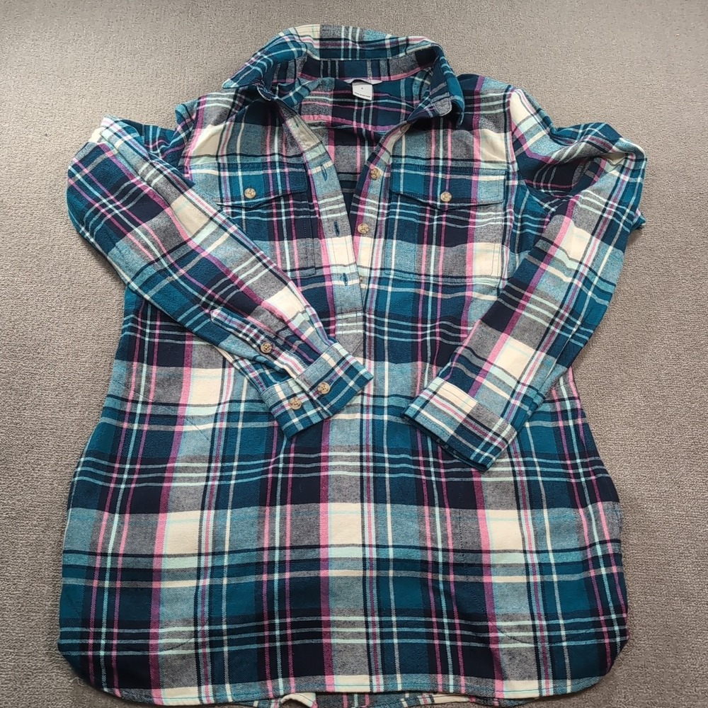 Duluth Flannel Shirt Women's Sz S Half‎ Button Up Long Sleeve Pink Blue Teal